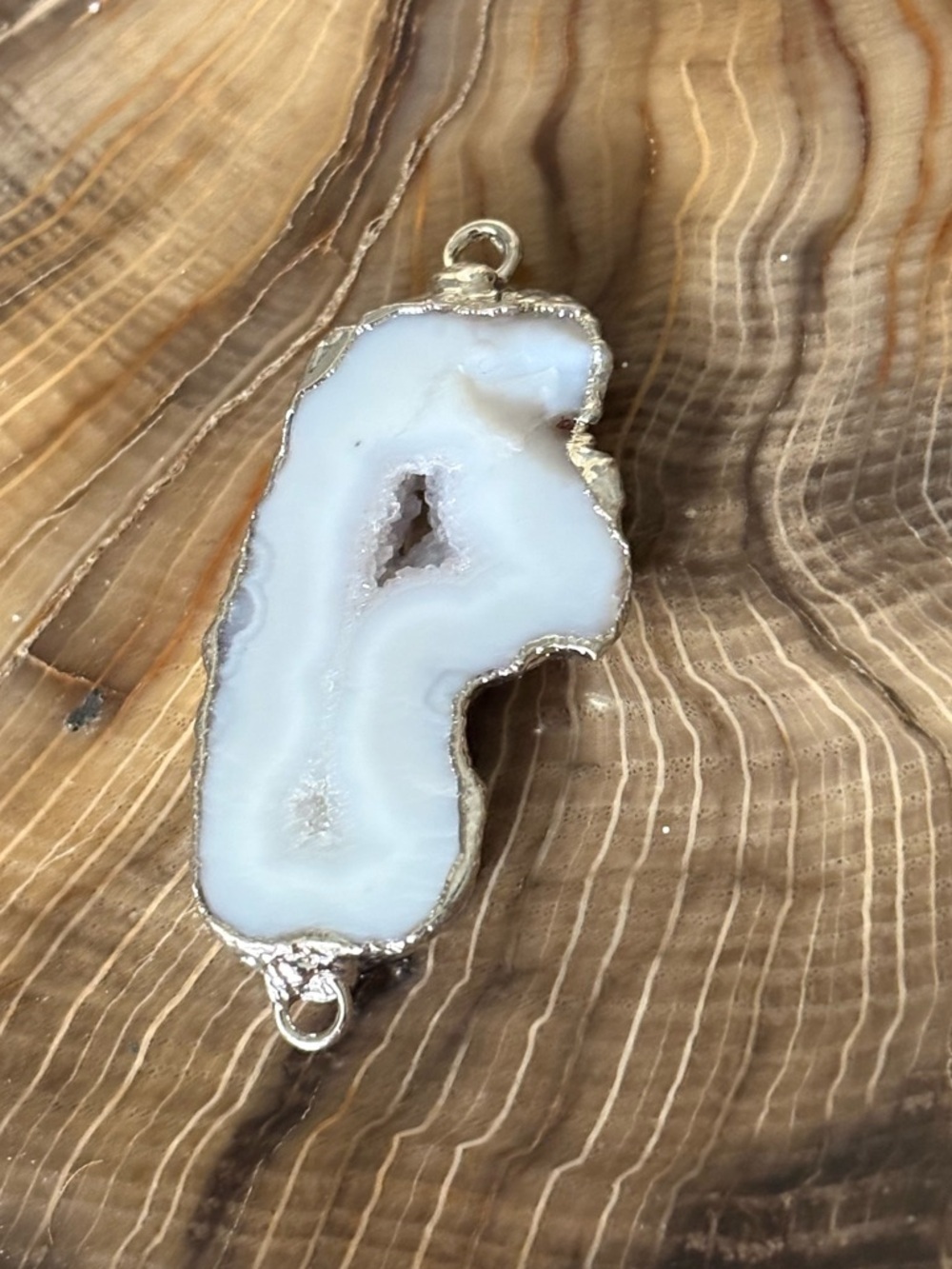 Natural White Quartz Geode Slice Crystal Silver Edged Crown Chakra Pendant